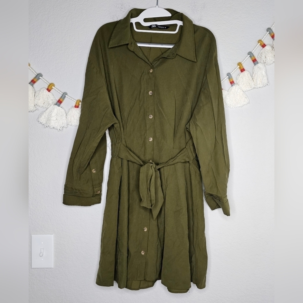 Zara Olive Green Button Down Tie Front Shirtdress Boho Chic Minimalist XXL